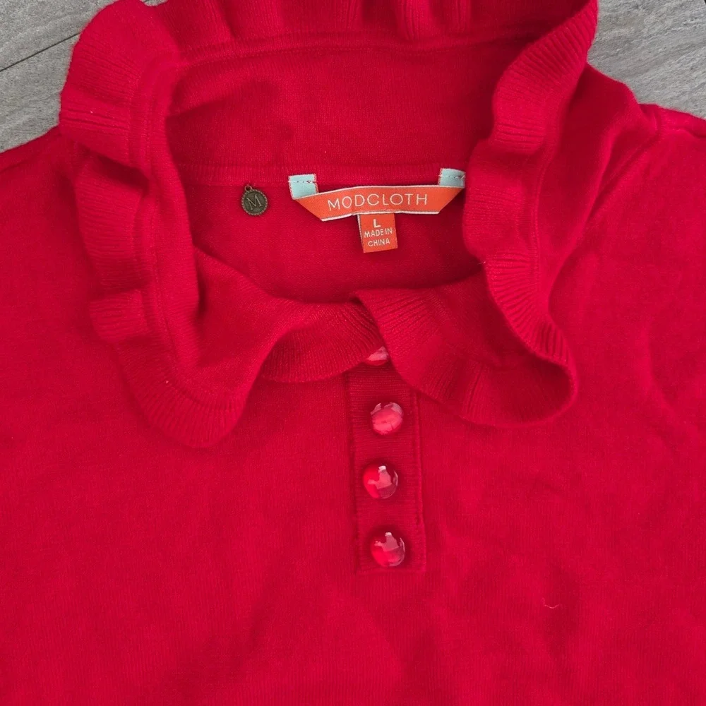 ModCloth Womens Red Ruffle Collar Button Front Knit Sweater Top Large Ruby Red